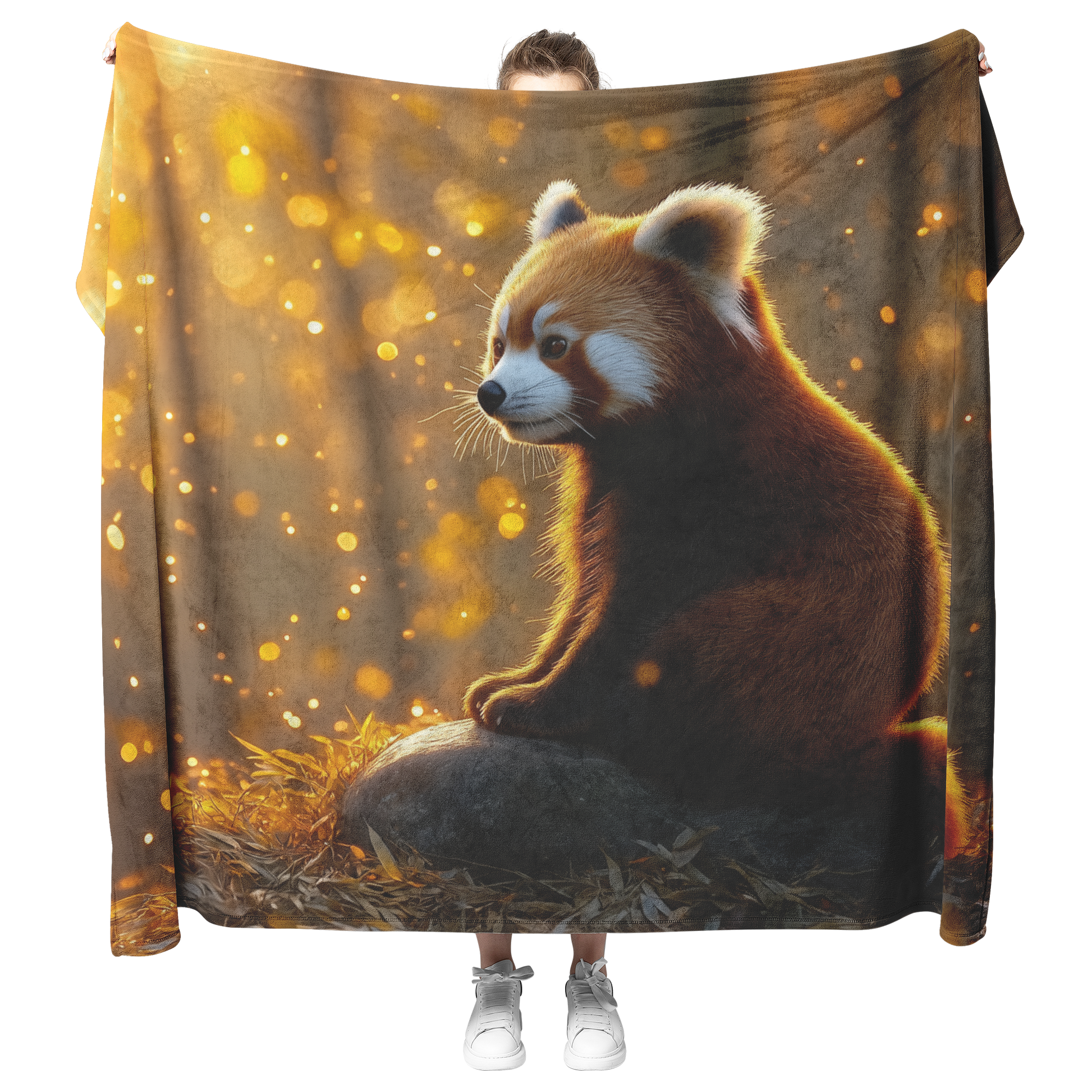 Red_Panda_Sitting_on_a_Glowing_Stone_in__H_Blanket_Model_Mockup.png