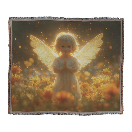 Serene Little Angel in Prayer Amidst Golden Light  Spiritual Peace and Reflection  Christian Woven Throw Blanket - Awakening Righteousness