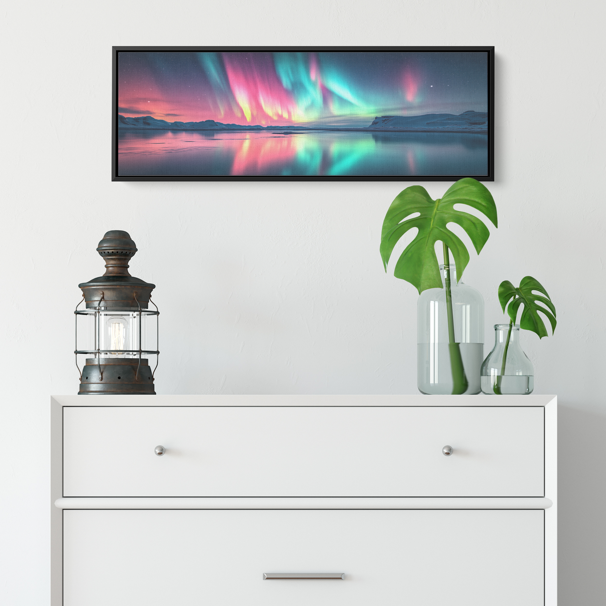 Serene_Northern_Lights_Reflection_Calm_L_Framed_Canvas_H_Panoramic_Small_Lifesty_Mockup.png