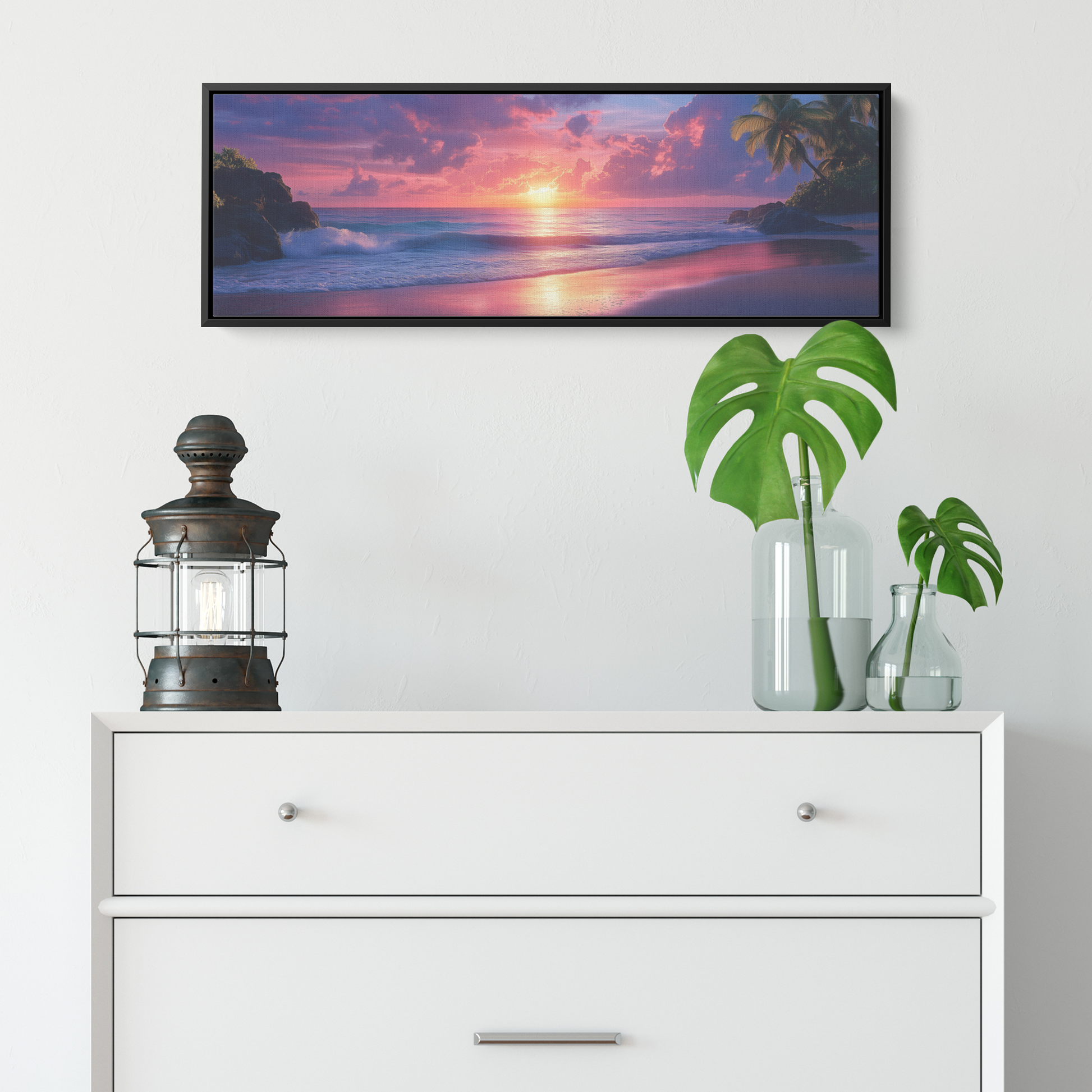 Serene_Tropical_Beach_Sunset_Glowing_Pin_Framed_Canvas_H_Panoramic_Small_Lifesty_Mockup.png