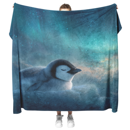 Sleepy_Penguin_Resting_On_Glowing_Cloud__H_Blanket_Model_Mockup.png