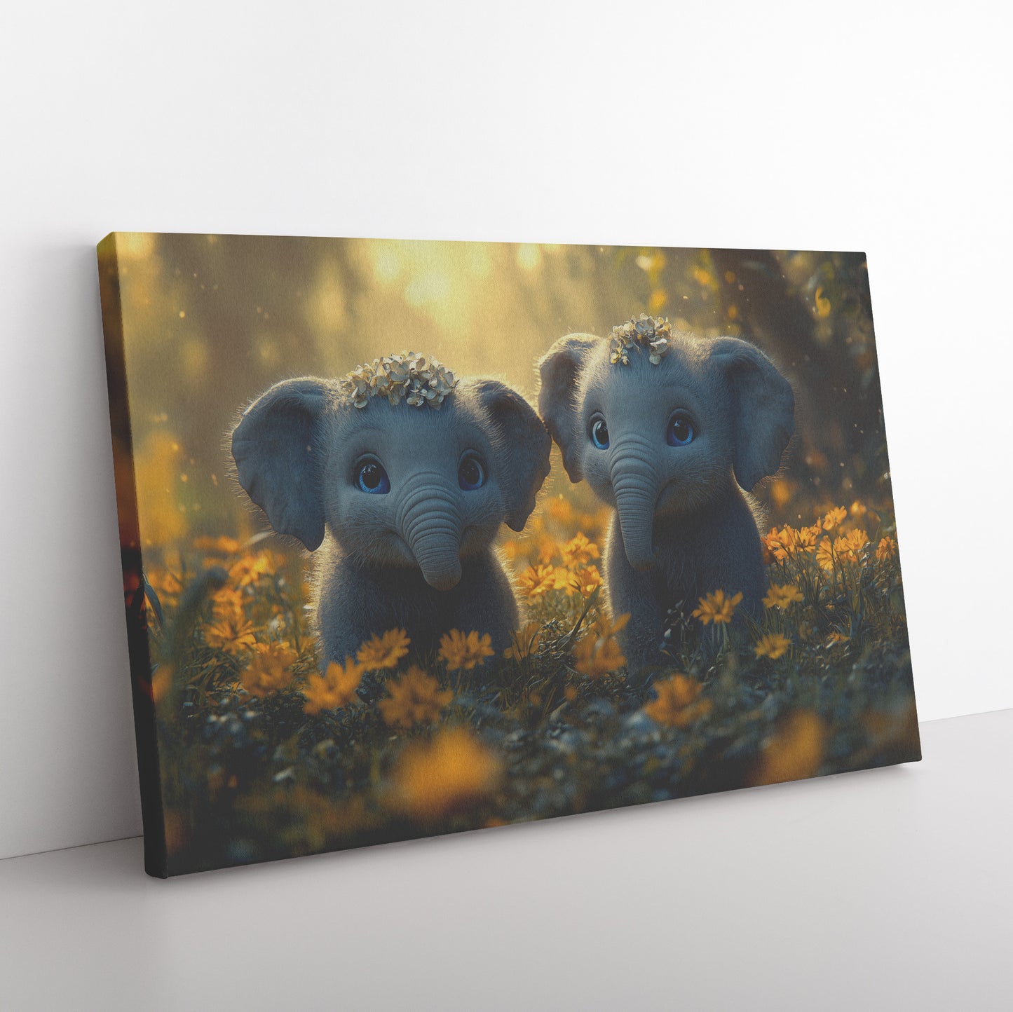 Two Cute Baby Elephants with Big Eyes and Flower Crowns in Grass Surrounded by Yellow Flowers Canvas Art - Awakening Righteousness