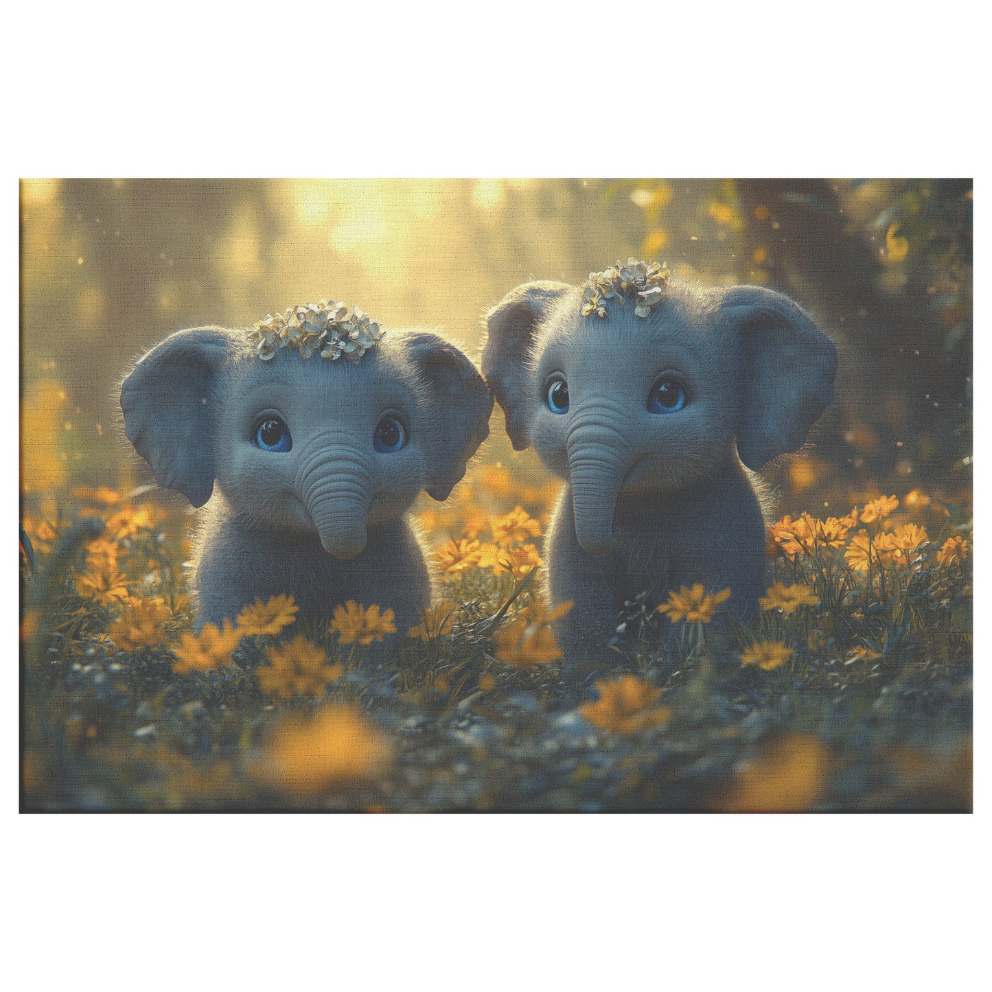 Two Cute Baby Elephants with Big Eyes and Flower Crowns in Grass Surrounded by Yellow Flowers Canvas Art - Awakening Righteousness