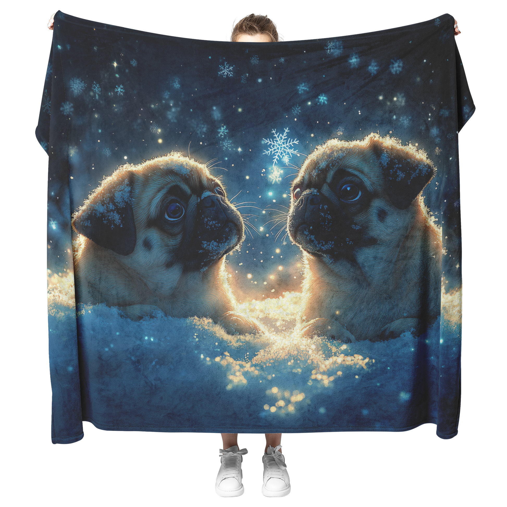 Two_Pugs_Playing_in_Glowing_Snowy_Meadow_H_Blanket_Model_Mockup.png