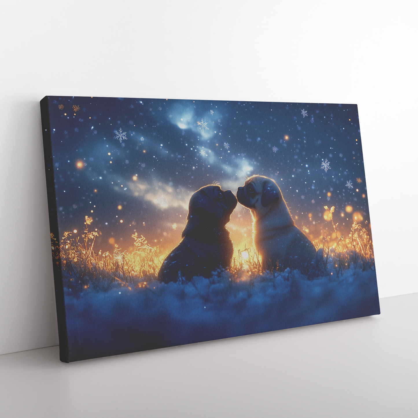 Two_Pugs_Playing_in_Glowing_Snowy_Meadow_H_Rectangle_Angle_Floor_Mockup.png