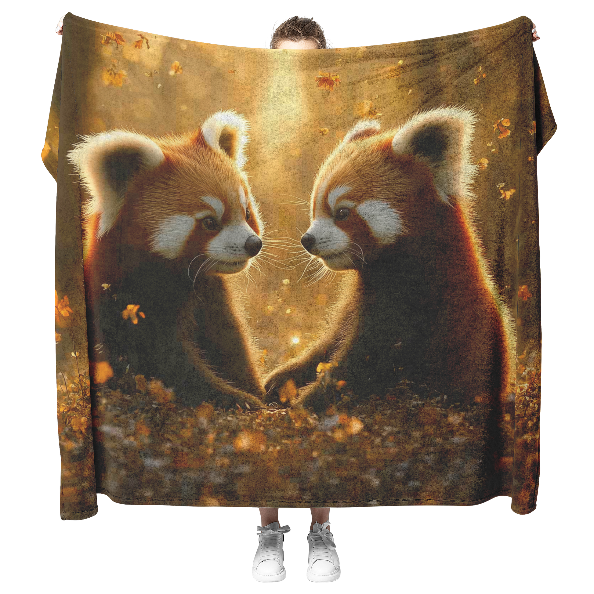 Two_Red_Pandas_Playing_in_a_Glowing_Mead_H_Blanket_Model_Mockup.png