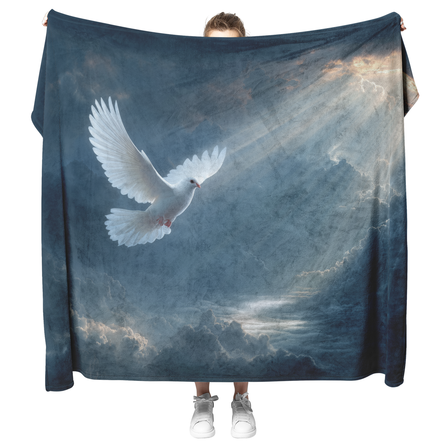 White_Dove_Flying_Through_Sunbeams_Break_H_Blanket_Model_Mockup.png