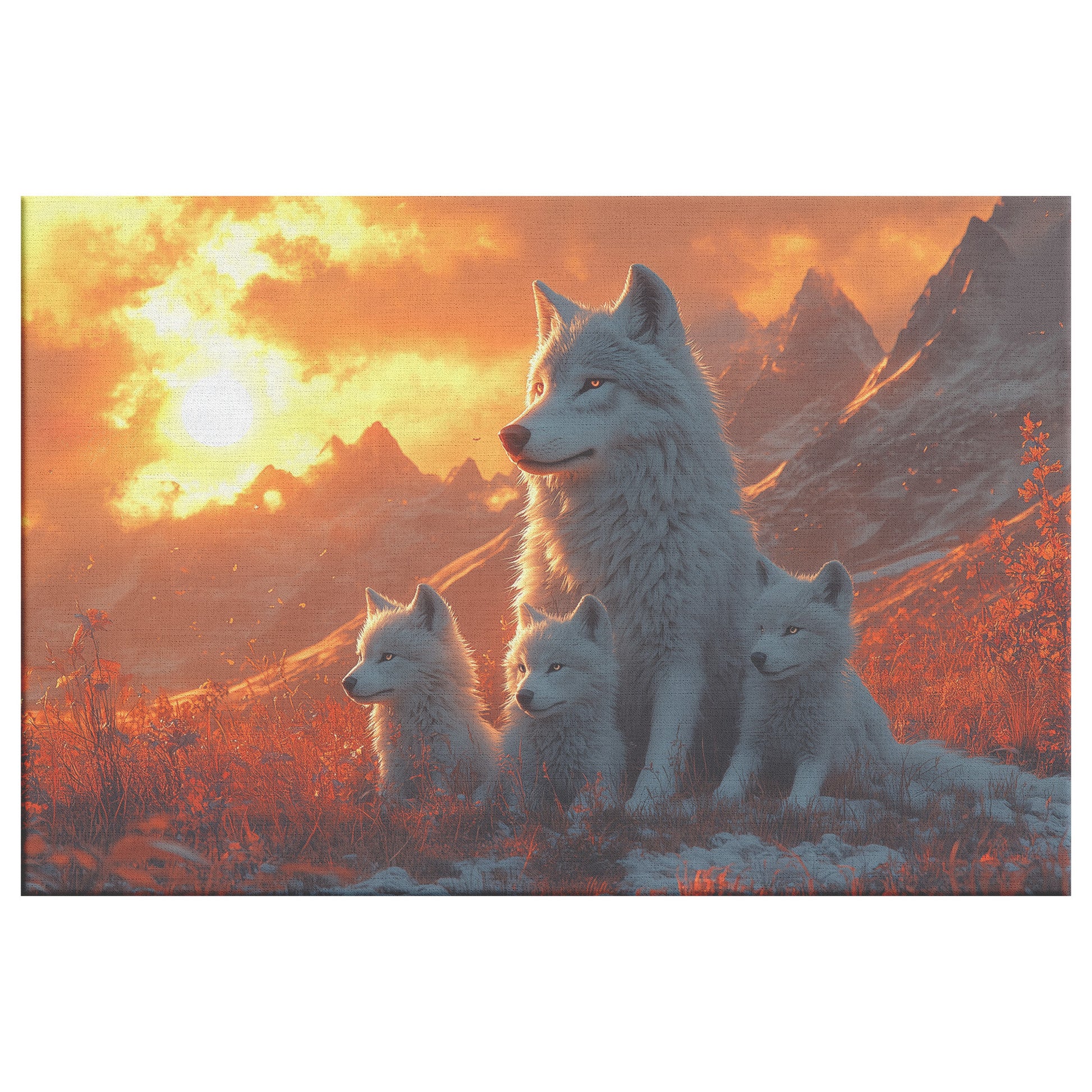 White Wolf Family Canvas Wall Art  Majestic Wolves with Cubs on Alpine Meadow at Sunset Warm Orange Light and Serene Landscape - Awakening Righteousness
