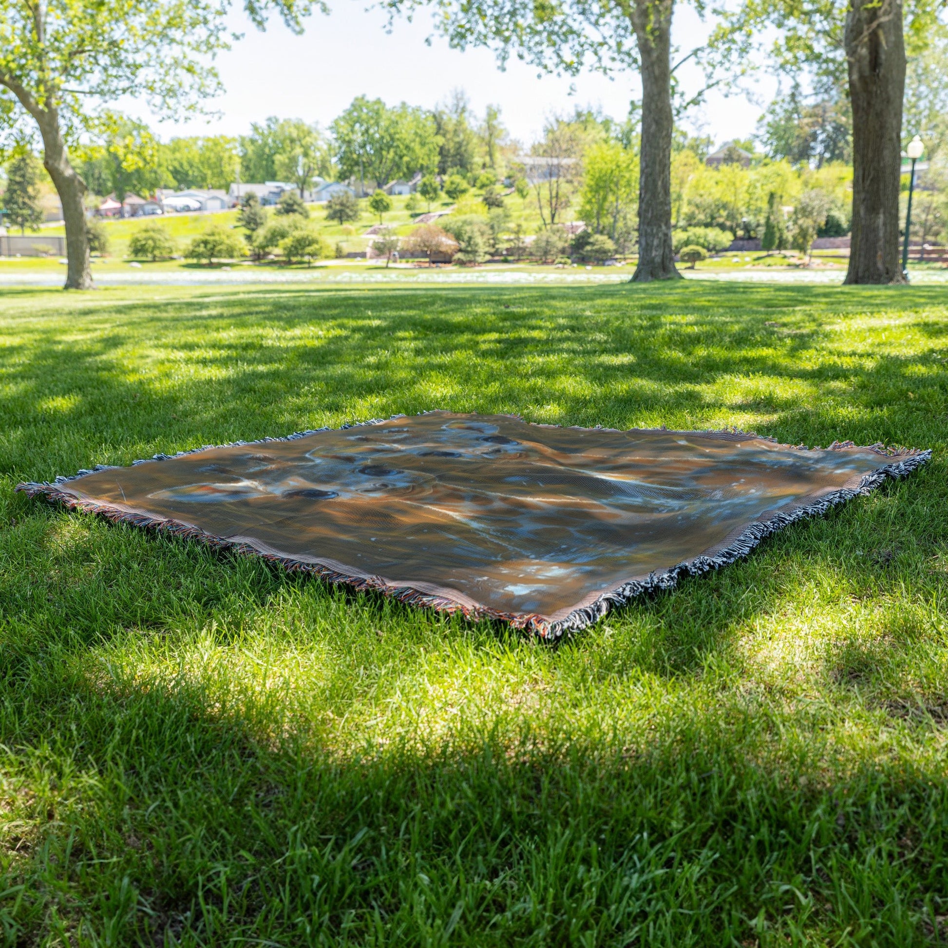 Adorable Baby Giraffes Playfully Smiling in Calm Waters Surrounded by Vibrant Reeds Cozy Woven Throw Blanket - Awakening Righteousness