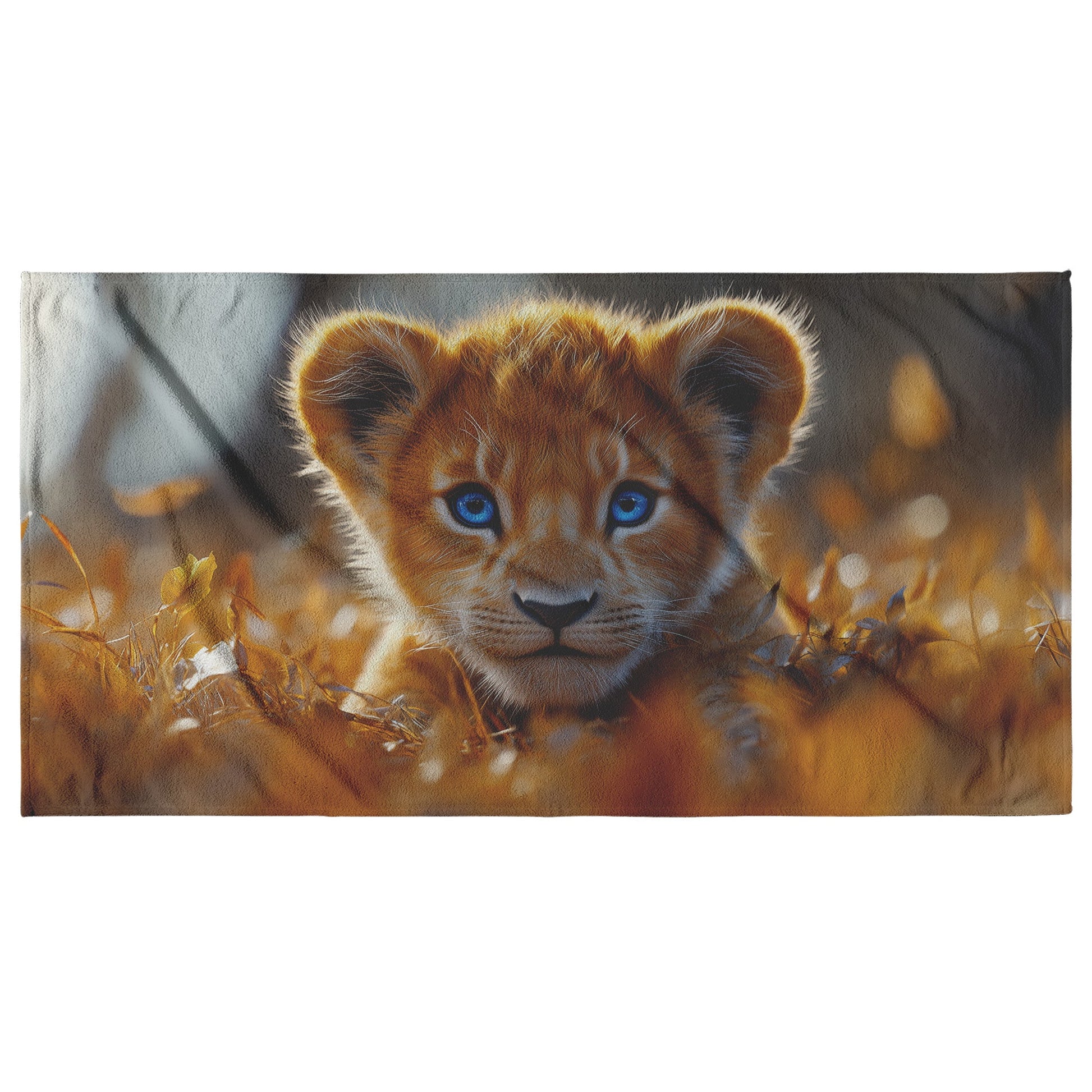 Adorable Lion Cub with Mesmerizing Blue Eyes Beach Towel for Wildlife Enthusiasts - Awakening Righteousness