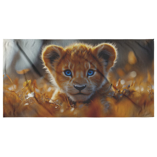 Adorable Lion Cub with Mesmerizing Blue Eyes Beach Towel for Wildlife Enthusiasts - Awakening Righteousness