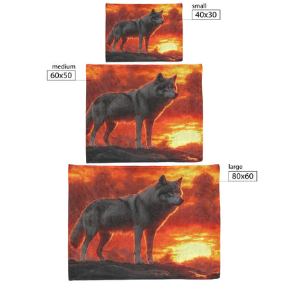 Alpha Wolf Standing Tall on Rocky Ledge Under Fiery Red Sunset Glowing Clouds Cozy Sherpa Blanket - Awakening Righteousness