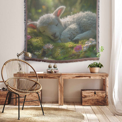 Baby Lamb Resting in a Lush Sunlit Meadow Surrounded Flowers Christian Throw Blanket  Cozy Woven Kids Comfort Blanket with Hope Holy Faith Inspired Prayer Healing Blanket for Children
