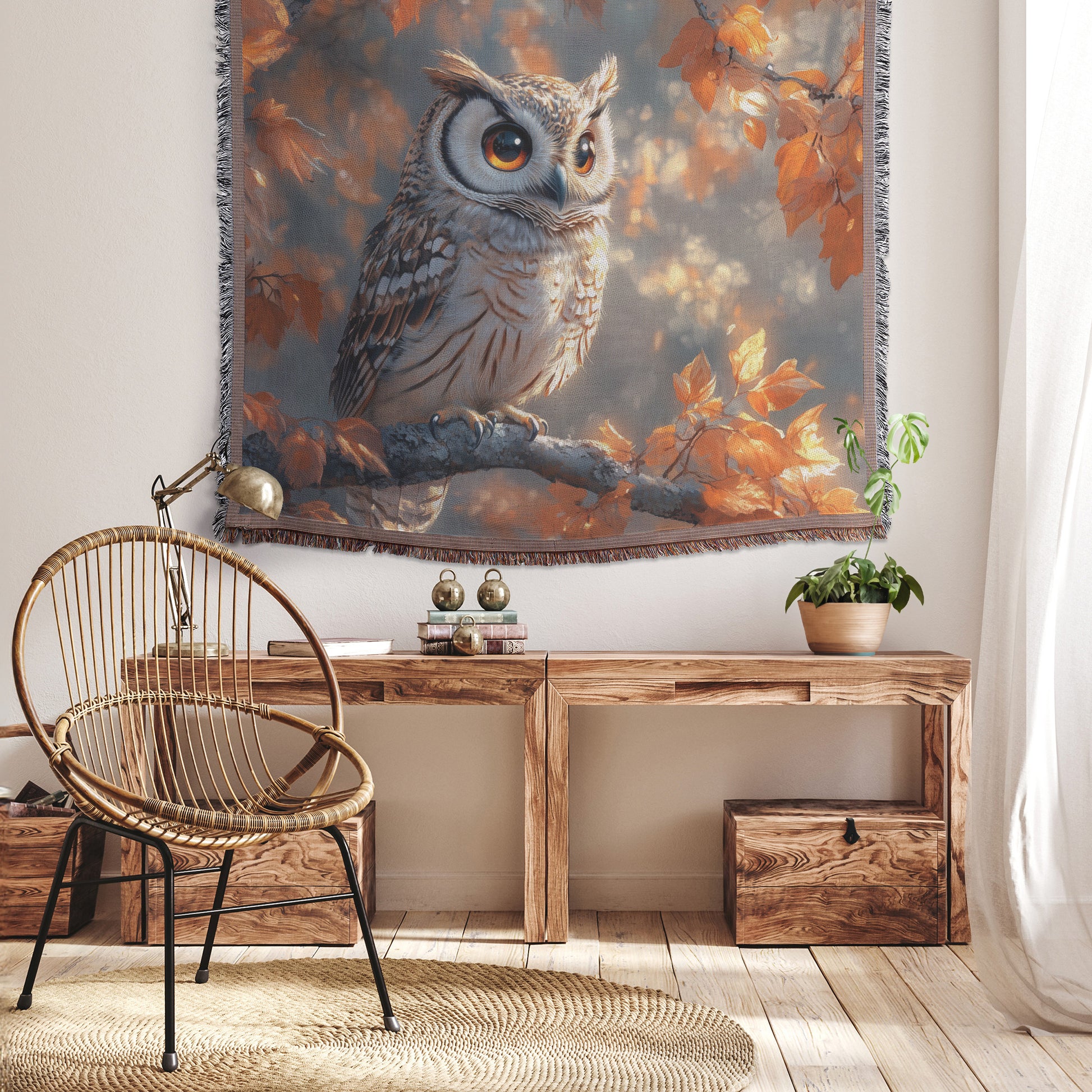 Elegant Wise Owl Woven Throw Blanket  Cozy Autumn Wildlife Decor Perfect for Nature Lovers Home Living Room Office Accent Fall Inspired Blanket for Tranquil Ambiance - Awakening Righteousness