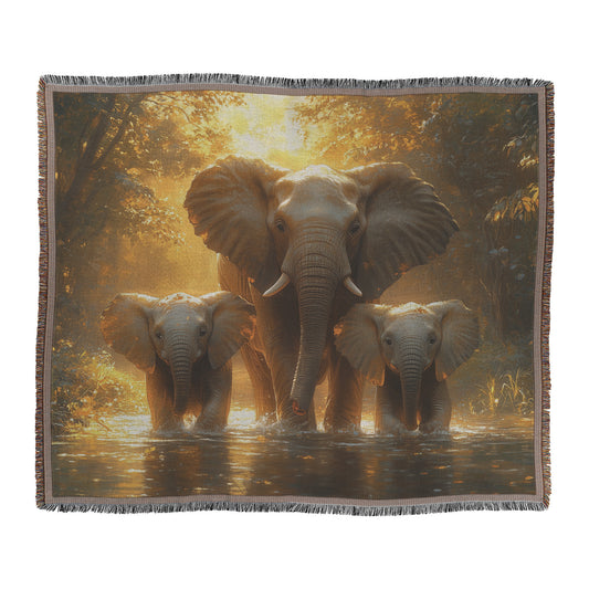 Elephant Family Walking Through Forest  Majestic Wildlife Art Woven Throw Blanket  Nature-Inspired Home Decor for Living Room & Office - Awakening Righteousness