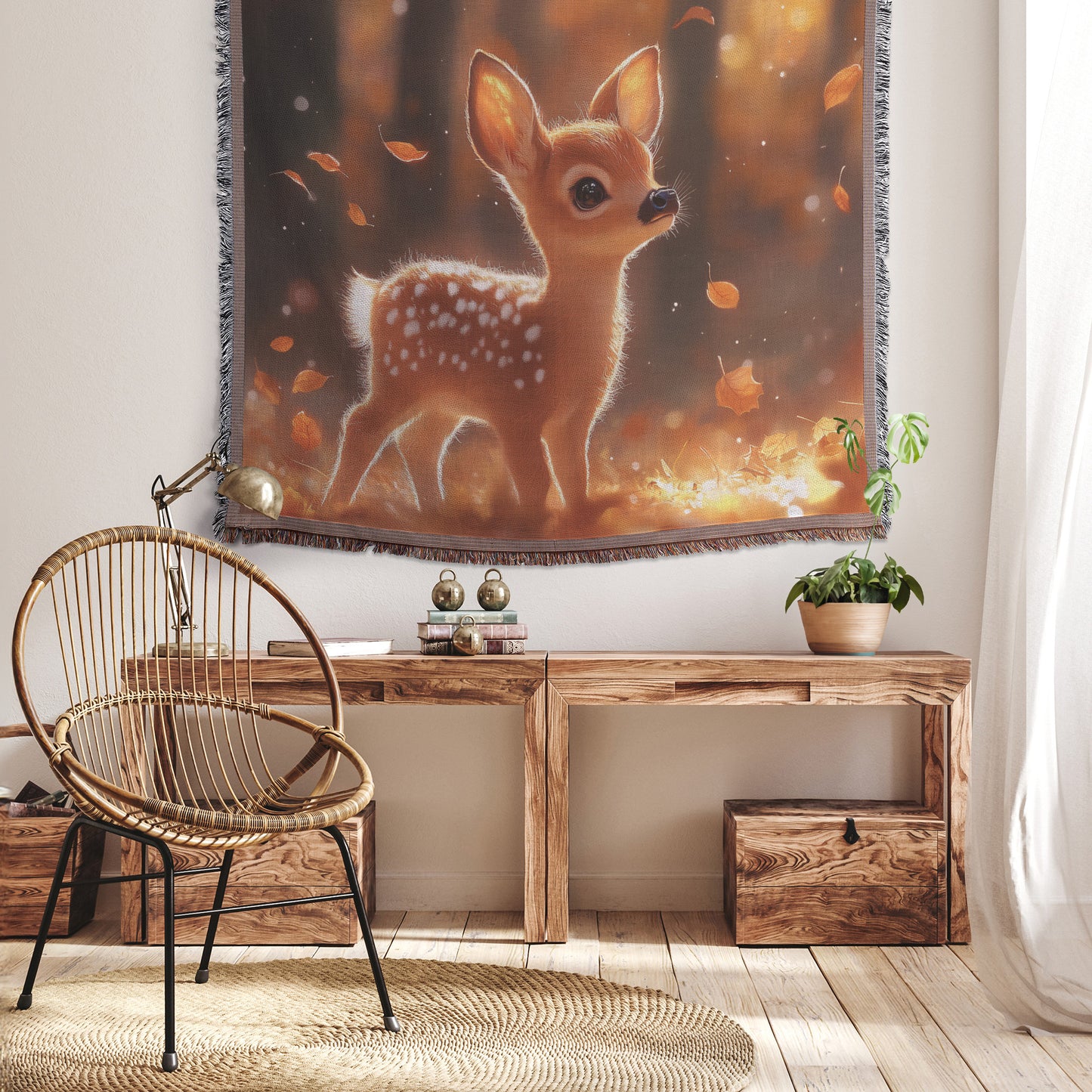 Innocent Fawn in Autumn Forest Christian Throw Blanket  Cozy Woven Kids Comfort Blanket with Tranquil Charm  Holy Faith Inspired Prayer Healing Blanket for Children - Awakening Righteousness