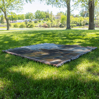 Majestic Grizzly Bears Serene Waters  Family of Bears in Front of Towering Mountains  Wildlife Art Woven Throw Blanket for Living Room & Office Decor - Awakening Righteousness