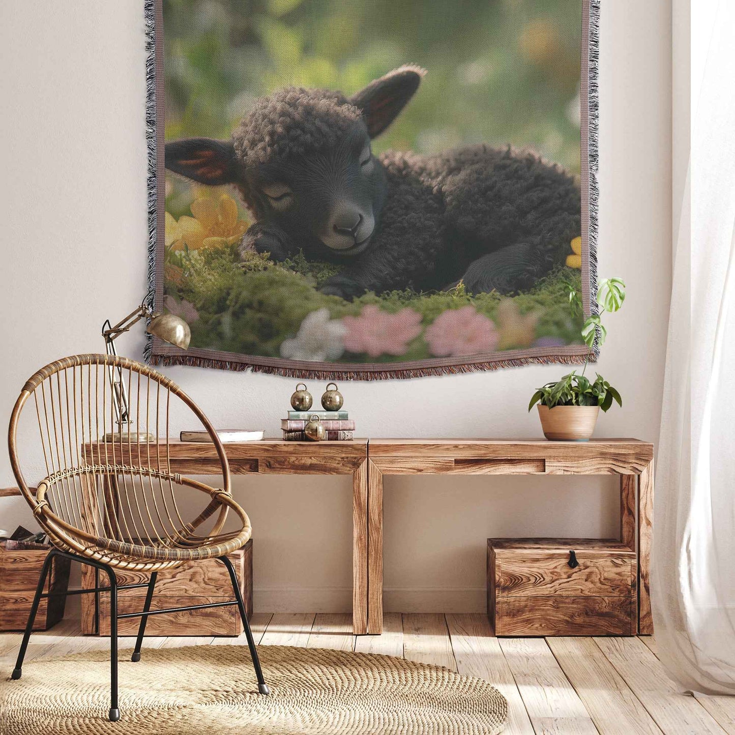 Peaceful Black Lamb in Vibrant Flower Field Christian Throw Blanket  Cozy Woven Kids Comfort Blanket  Holy Faith Inspired Healing Blanket for Children