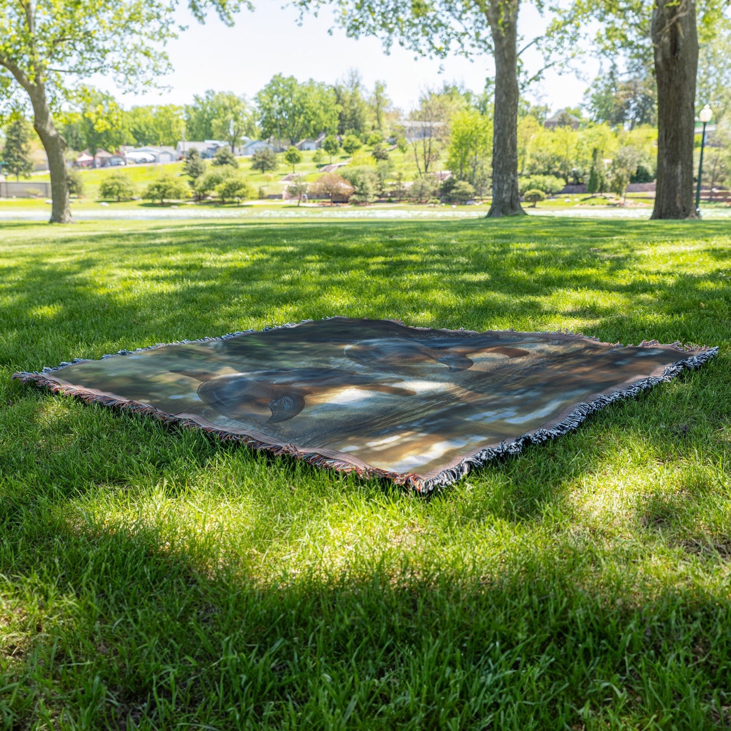 Serene Jungle River with Leaping Dolphins  Vibrant Tropical Nature Woven Throw Blanket  Perfect Home Décor for Ocean and Wildlife Enthusiasts - Awakening Righteousness