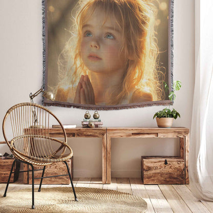 Serene Little Girl in Prayer Christian Throw Blanket  Cozy Woven Kids Comfort Blanket  Holy Faith Inspired Healing Blanket for Children