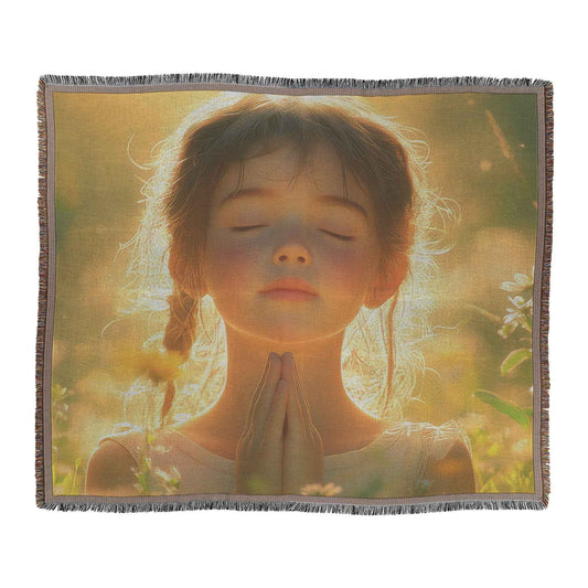 Young Girl in Prayer Amidst Flowers Christian Throw Blanket  Cozy Woven Comfort Blanket  Holy Faith Inspired Healing Blanket