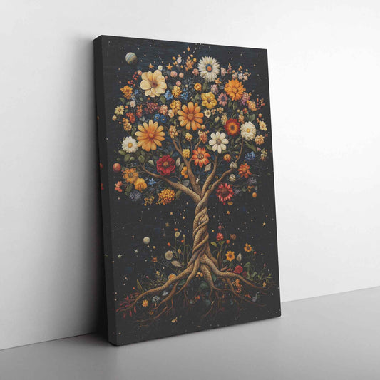Enchanted Tree of Life Starlit Roots and Golden Leaves With Flowers In the Garden of Eden   Christian Canvas Art Decor