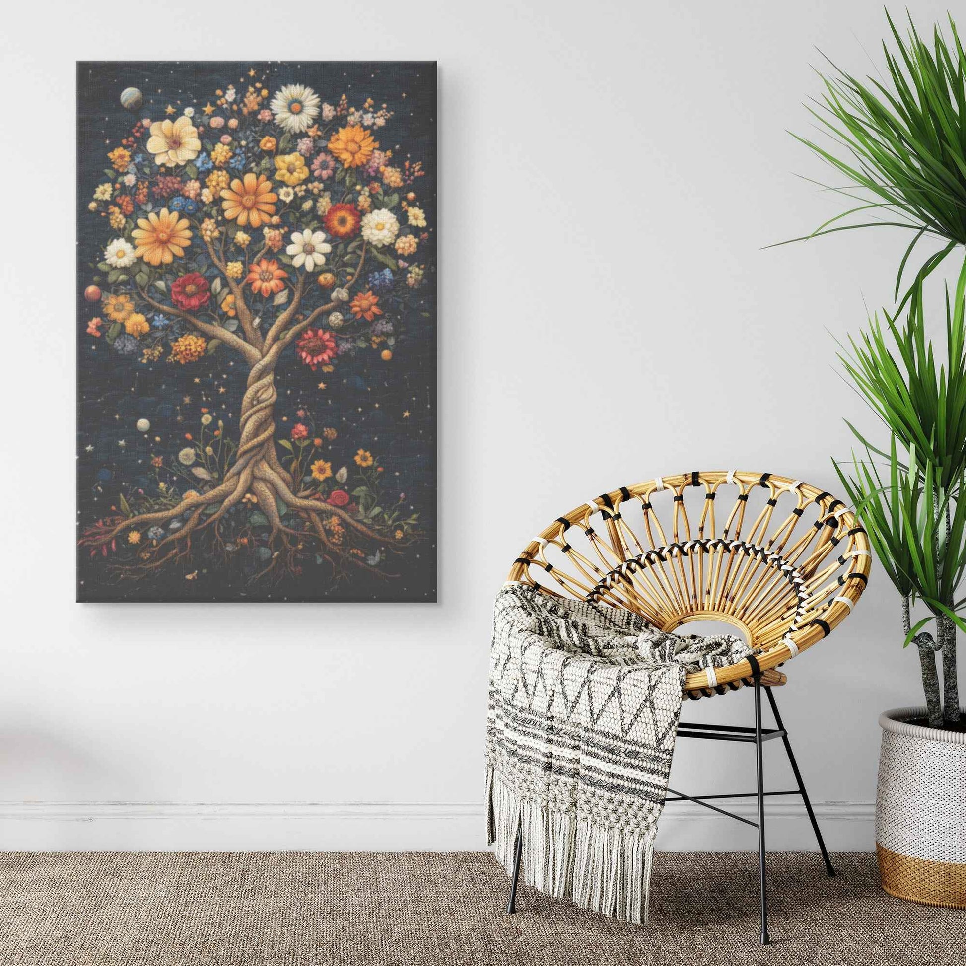 Enchanted Tree of Life Starlit Roots and Golden Leaves With Flowers In the Garden of Eden   Christian Canvas Art Decor