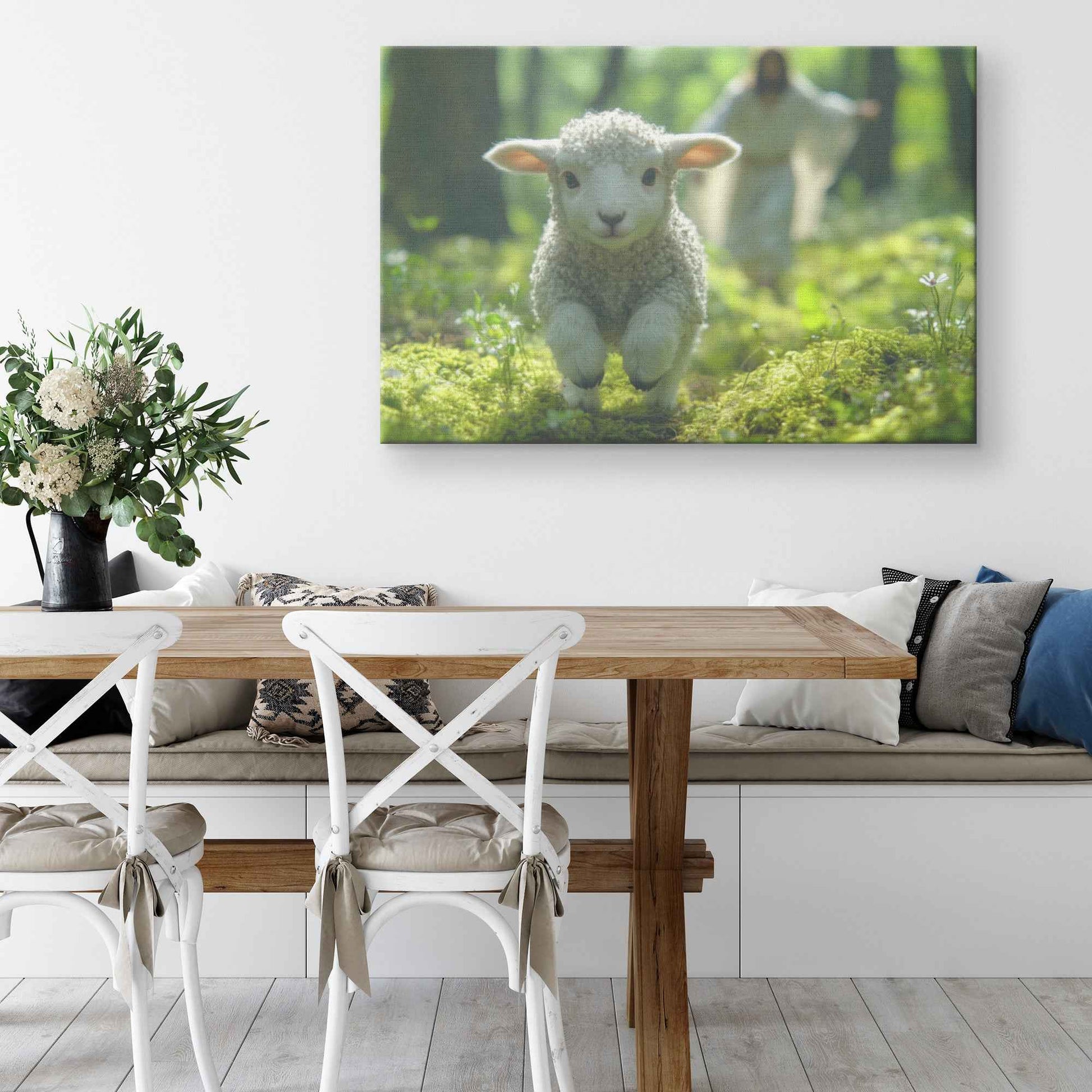 Joyful Journey Lamb's Innocence in Nature's Embrace With Jesus Christ Running Towards Him   Christian Canvas Wall Art Decor