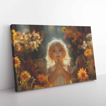 A Young Girl's Prayer Amongst Nature's Blooms   Uplifting Christian Canvas Wall Art Decor