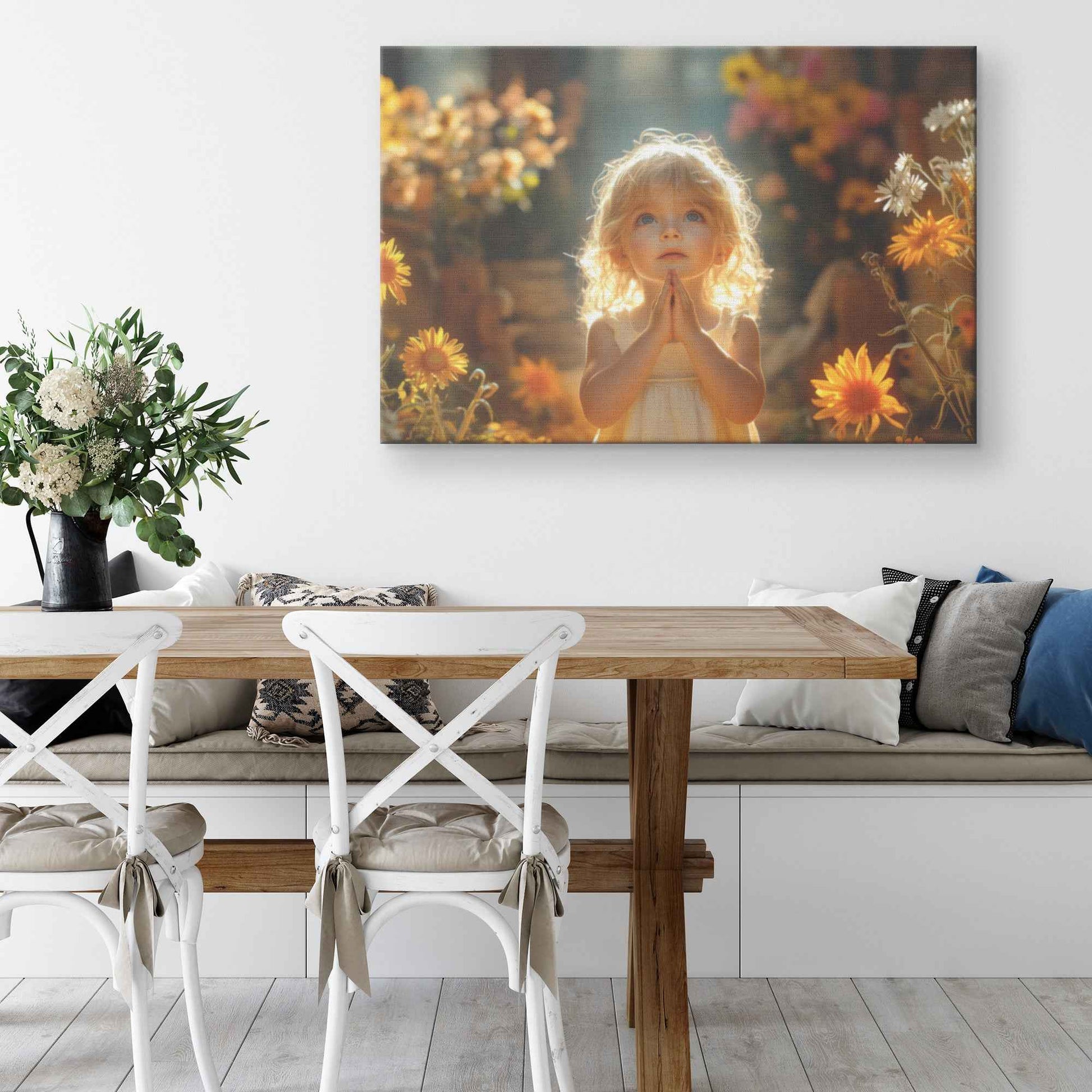 A Young Girl's Prayer Amongst Nature's Blooms   Uplifting Christian Canvas Wall Art Decor
