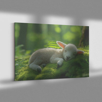 Adorable Baby Lamb Resting on Moss in Tranquil Forest Canvas Wall Art Decor