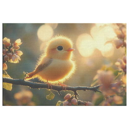 Adorable Yellow Bird on Apple Tree Branch Surrounded Blossoms   Christian Canvas Wall Art Decor - Awakening Righteousness