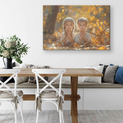 Autumn Blessings Two Sisters in Prayer Amidst Golden Leaves   Christian Canvas Wall Art Decor
