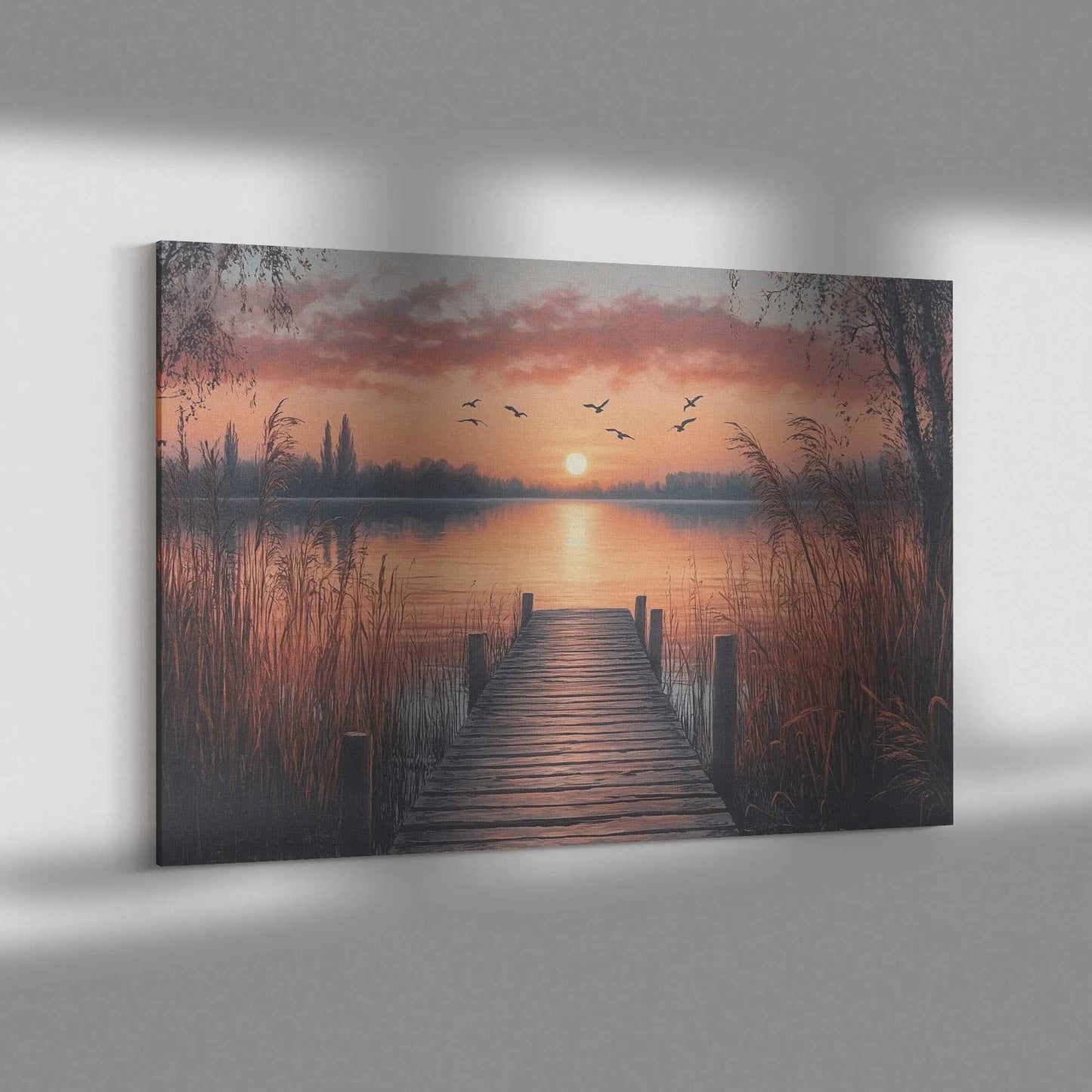 Beautiful Sunset Over Lake with Reeds and Wooden Dock  Serene Canvas Wall Art