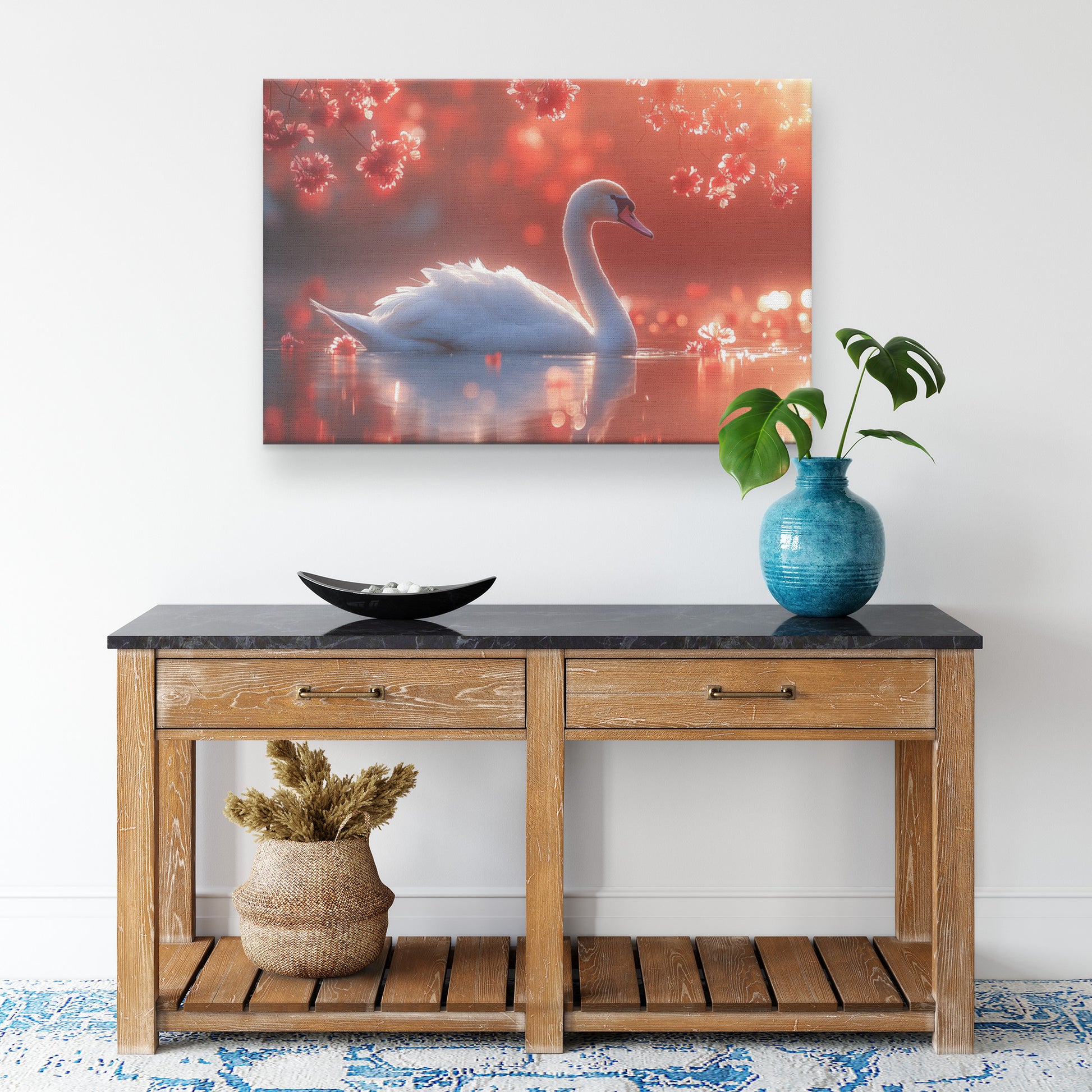 Beautiful White Swan Gliding on Shimmering Water Surrounded Cherry Blossoms at Sunset   Christian Canvas Wall Art Decor - Awakening Righteousness