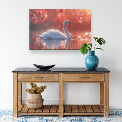 Beautiful White Swan Gliding on Shimmering Water Surrounded Cherry Blossoms at Sunset   Christian Canvas Wall Art Decor - Awakening Righteousness