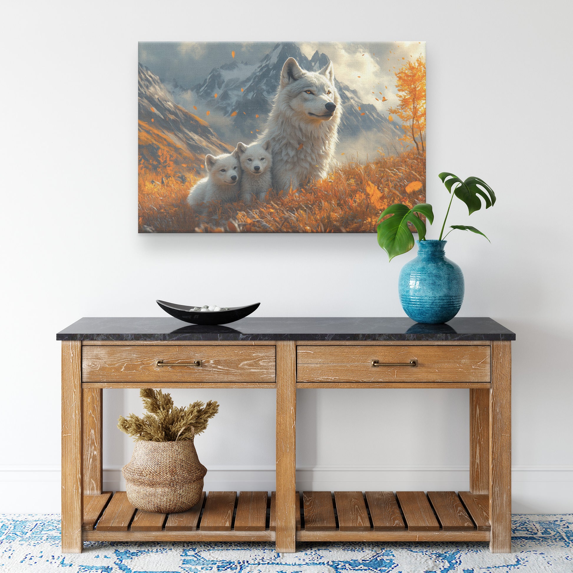 Beautiful White Wolf with Two Cubs in an Autumn Landscape with Snowy Mountains  Nature Wildlife Canvas Art Decor - Awakening Righteousness