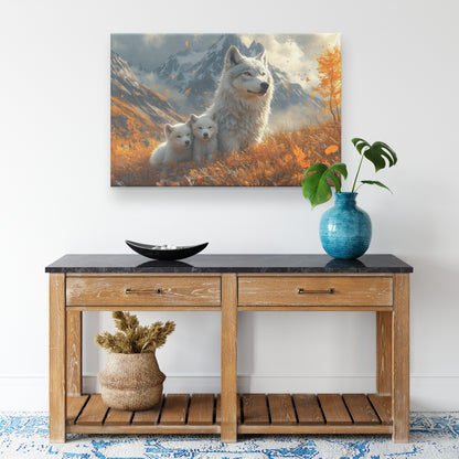 Beautiful White Wolf with Two Cubs in an Autumn Landscape with Snowy Mountains  Nature Wildlife Canvas Art Decor - Awakening Righteousness
