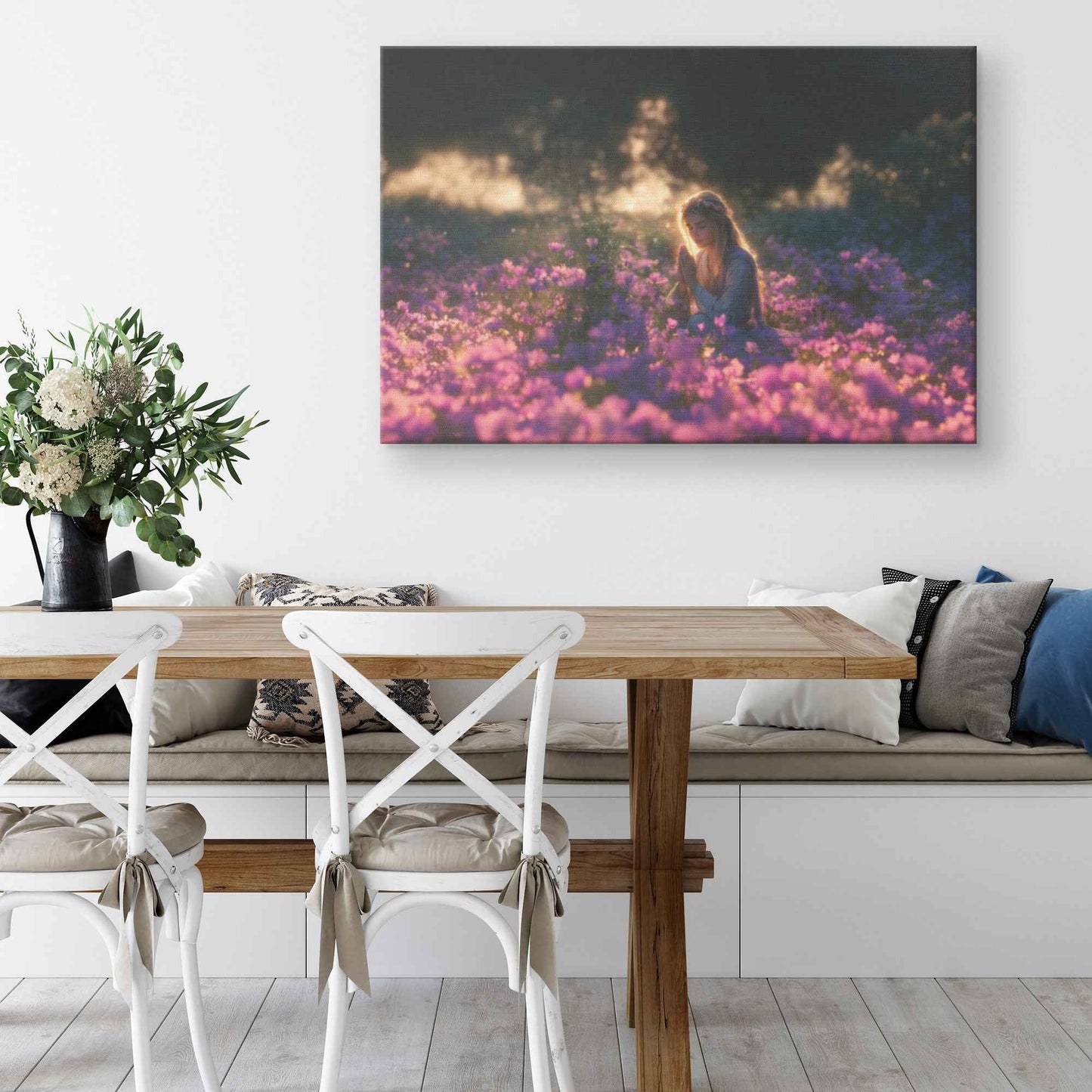 Boundless Grace Woman Praying in a Sea of Purple Flowers   Dreamy Christian Canvas Wall Art Decor
