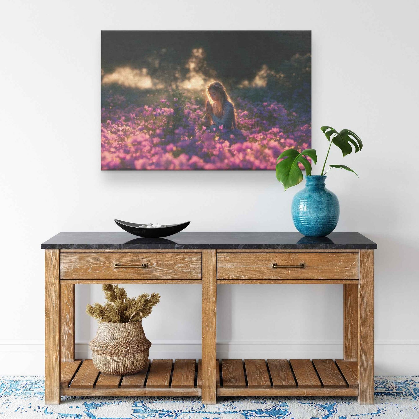 Boundless Grace Woman Praying in a Sea of Purple Flowers   Dreamy Christian Canvas Wall Art Decor