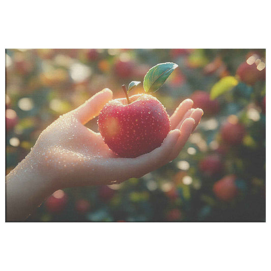 Capturing Nature's Bounty Hand Holding a Red Apple in a Sunlit Orchard   Christian Canvas Wall Art Decor