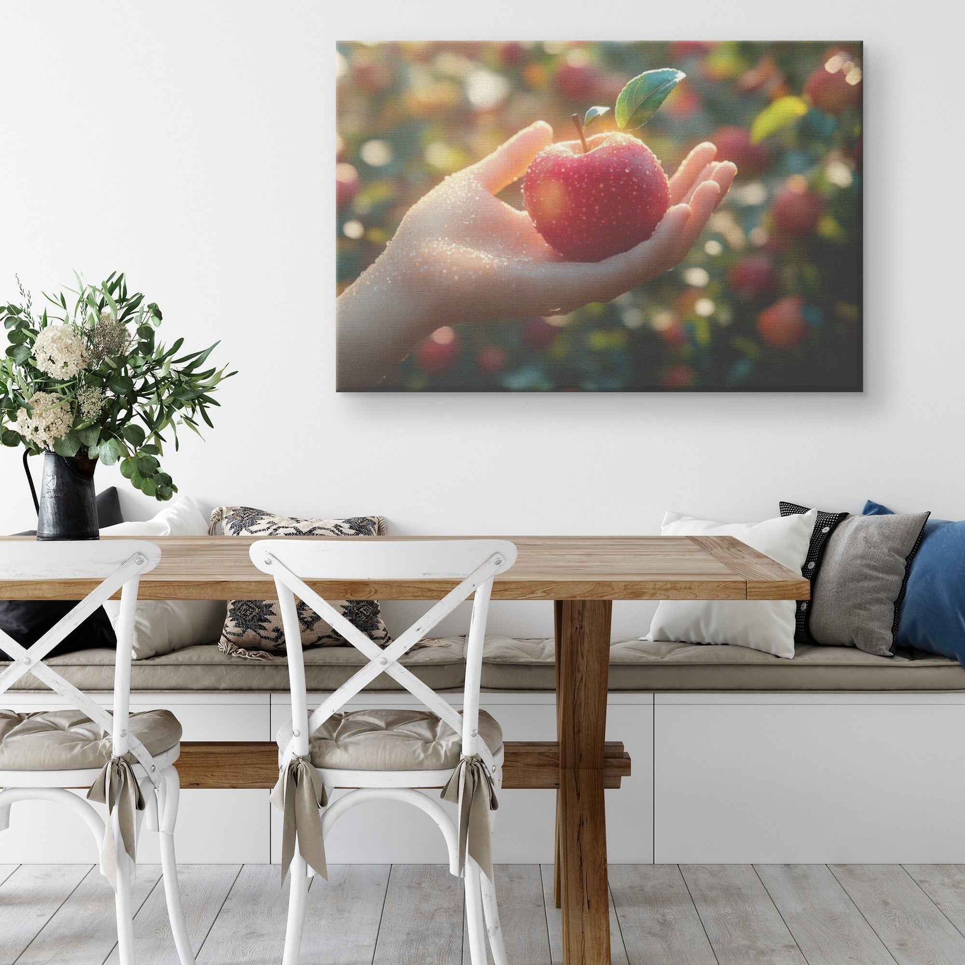 Capturing Nature's Bounty Hand Holding a Red Apple in a Sunlit Orchard   Christian Canvas Wall Art Decor