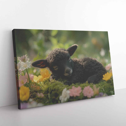 Charming Black Lamb Among Vibrant Spring Blooms A Serene Embrace of Nature   Christian Canvas Wall Art Decor