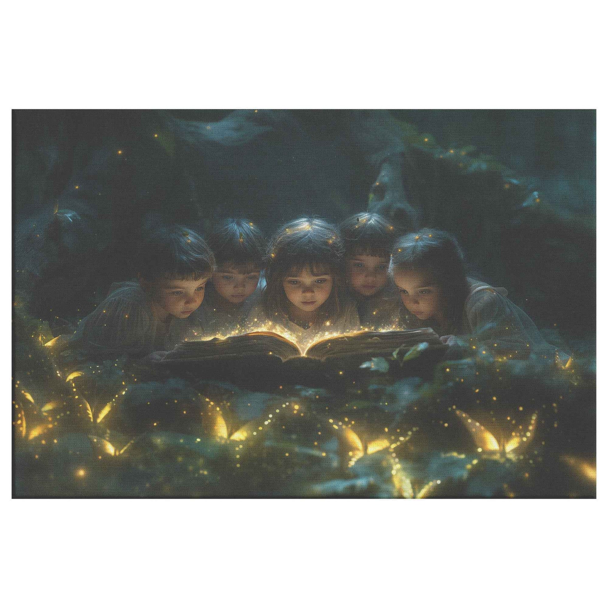 Children Reading A Glowing Bible In The Magical Forest With Glowing Butterflys Kids Canvas Art Decor