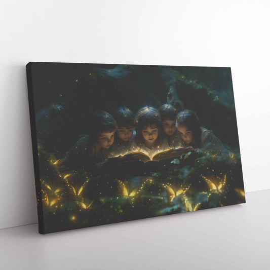 Children Reading A Glowing Bible In The Magical Forest With Glowing Butterflys Kids Canvas Art Decor