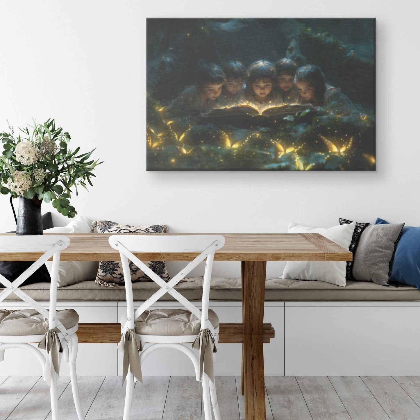 Children Reading A Glowing Bible In The Magical Forest With Glowing Butterflys Kids Canvas Art Decor