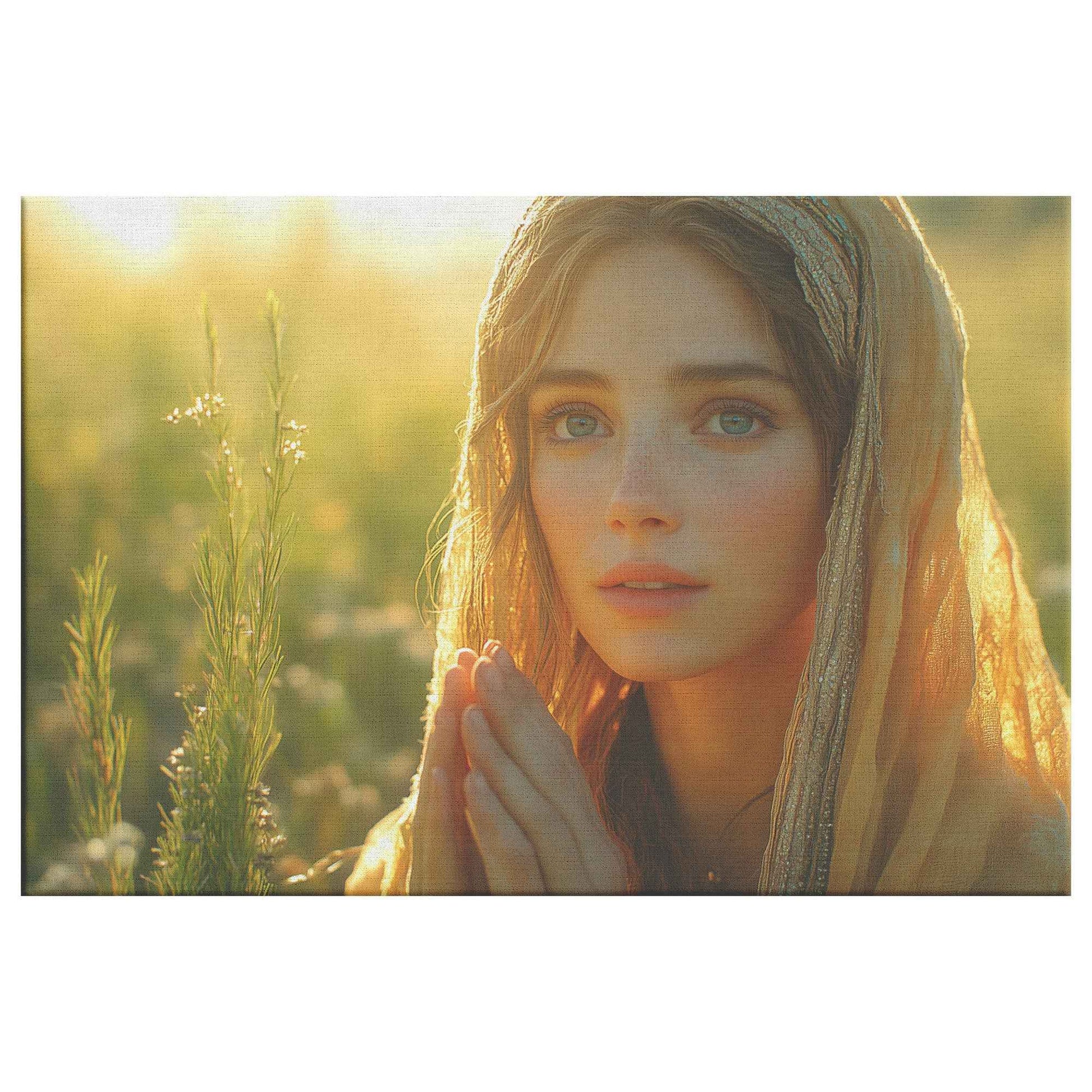 Dawn of Serenity Woman in Traditional Dress Praying in a Wildflower Field   Inspiring Christian Canvas Wall Art Decor