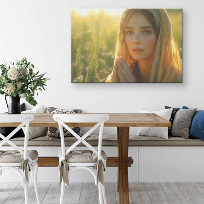 Dawn of Serenity Woman in Traditional Dress Praying in a Wildflower Field   Inspiring Christian Canvas Wall Art Decor