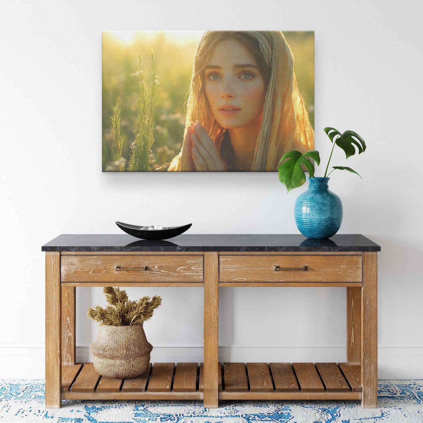 Dawn of Serenity Woman in Traditional Dress Praying in a Wildflower Field   Inspiring Christian Canvas Wall Art Decor