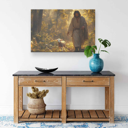 Divine Guidance Jesus Leading the Cute Lamb Through a Tranquil Forest   Christian Canvas Wall Art Decor